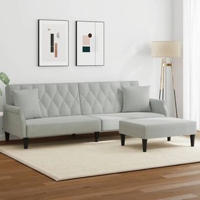 Sofá-cama 2 lugares c/ almofadas e apoio pés veludo cinza-claro