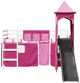 Cama alta para criança com torre 90x190 cm pinho maciço rosa