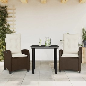3 pcs conjunto jantar p/ jardim c/ almofadões vime PE castanho
