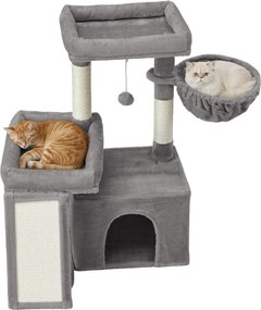 Arranhador para gatos com caverna 92,5 x 58,9 x 85,8 cm, árvore para gatos com rampa e cesto, 2 plataformas grandes cinzento claro