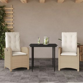 3 pcs conjunto de jantar p/ jardim com almofadões vime PE bege