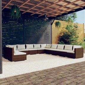 vidaXL 11 pcs conjunto lounge jardim c/ almofadões vime PE castanho
