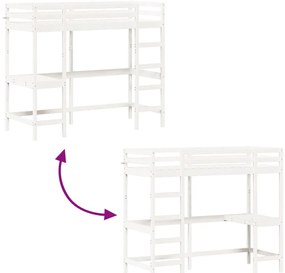 Cama alta com secretária 75x190 cm pinho maciço branco