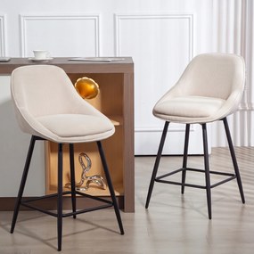 Conjunto de 2 bancos de bar em veludo canelado, com encosto curvo e apoio para os pés, 49x52x88 cm, creme