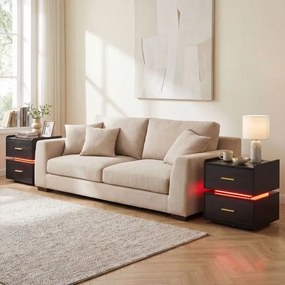Mesa de cabeceira com base de carregamento LED, 2 gavetas, arrumação semi-suspensa e base metálica 45 x 40 x 48 cm Preta