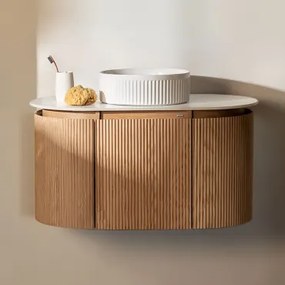 Conjunto De Móvel De Casa De Banho Suspenso Em Madeira Carsone Madeira Natural & Sem Unidade Auxiliar & Cerâmica Redonda Riscas Brancas - Sklum