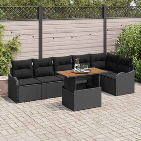 Conjunto de Sofá de Jardim vidaXL de 7 Peças com Almofadas Preto Vime Acácia
