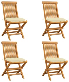 vidaXL Cadeiras de jardim c/ almofadões branco nata 4 pcs teca maciça