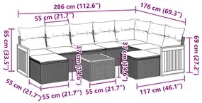 10 pcs conjunto de sofás p/ jardim com almofadões vime PE bege