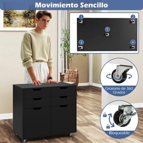 Armário de Escritório e 2 portas Móvel com gavetas móveis e 5 rodas 73 x 40 x 64,5 cm Preto