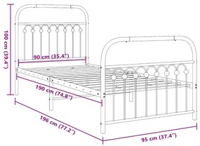 Estrutura de cama com cabeceira e pés 90x190 cm metal branco