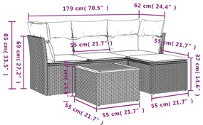5 pcs conjunto sofás de jardim c/ almofadões vime PE cinzento