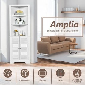 Armário de canto alto  60 x 44,5 x 173 cm para casa de banho ou cozinha triangular com 3 prateleiras abertas e 2 portas Branco