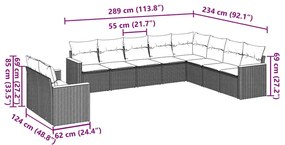 10 pcs conjunto sofás de jardim c/ almofadões vime PE preto