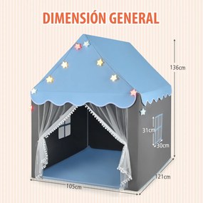 Tenda para crianças com tapete lavável Castelo de fadas com luzes Janelas 105 x 121 x 136 cm Azul