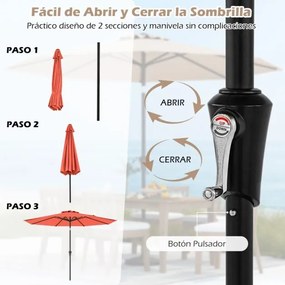 Guarda-sol 303 cm com mecanismo de inclinação de 25° e manivela, 8 varetas reforçadas para terraço, sem base Laranja