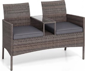 Banco jardim de rattan com mesinha para 2 pessoas em vidro temperado 62 x 124 x 84 cm, estante aberta, estrutura metálica, almofadas e capas laváveis,