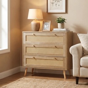 Cómoda em rattan 80 x 40 x 75,5 cm com 3 gavetas e pés em madeira de pinho, estilo boémio, para o quarto, sala de estar ou hall de entrada, com um toq