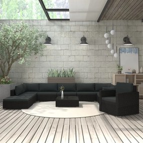 11 pcs conjunto lounge de jardim c/ almofadões vime PE preto