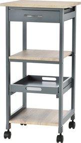 Carrinho de serviço de cozinha com rodas, 2 prateleiras + tabuleiro amovível + gaveta em madeira de pinho MDF cinzento carvalho claro