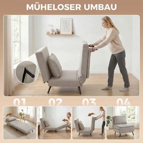 Poltrona-cama de 1 lugar, poltrona-cama 3 em 1 com encosto ajustável, almofada, assento largo, castanho claro