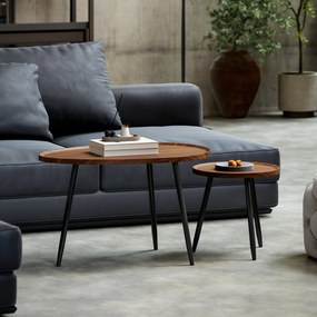 Conjunto de 2 Mesas Auxiliares com Pés de Metal 80x55x49 cm e Ø40x39 cm Madeira e Preto