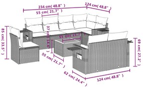 9 pcs conjunto sofás p/ jardim com almofadões vime PE cinzento