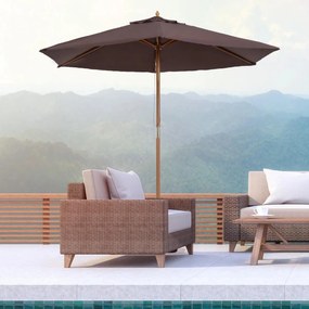 Chapéu de Sol Ø250x230cm Chapéu de Sol com Mastro de Madeira com 6 Hastes Sistema de Polia com Fixação para Jardim Pátio Terraço Castanho