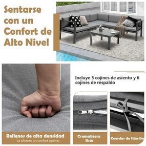 Conjunto de Sofá de jardim em Alumínio com Costas Reclináveis Mesa Reclinável Almofadas de Assento em Vidro Temperado Cinzento