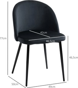 Conjunto de 2 cadeiras de estilo escandinavo, cadeiras estofadas em veludo com pés cónicos em metal Preto