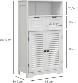 Móvel de casa de banho com 2 portas  61 x 30,5 x 109,5 cm, prateleira ajustável e 2 gavetas, compartimentos abertos, branco