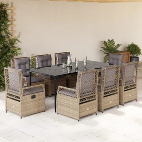 9 pcs conjunto de jantar p/ jardim com almofadões vime PE bege