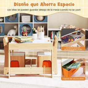 Conjunto de mesa e duas cadeiras infantis com tampo duplo, gavetas de tecido e estrutura de madeira para desenhar, ler ou brincar Natural