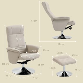 Poltrona relax reclinável a 135°, giratória a 360°, com apoio para os pés e estofo em tecido bege