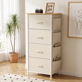 Cómoda de Quarto com 4 Gavetas tecido, 45 x 30 x 94,5 cm, Estrutura em Aço, Bege