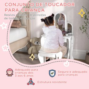 Toucador para Crianças com Espelho e Banco Toucador de Maquilhagem para Crianças de 3 a 6 Anos 52x32x85 cm Branco