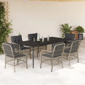 7 pcs conj. jantar p/ jardim c/ almofadões vime PE cinza-claro