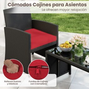 Conjunto de jardim em rattan com 4 peças: sofás de 2 lugares, mesa de vidro temperado e almofadas para exterior, varanda ou piscina, Preto+vermelho