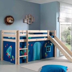 Conjunto Cama alta de Criança PINO 90 x 200 cm + estrado + escada + escorrega + cortina Astronauta Natural