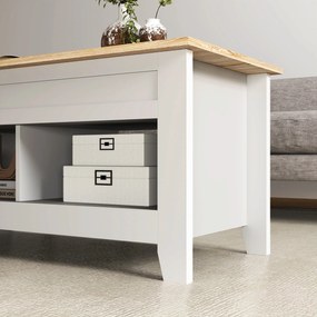Mesa de Centro com Bancada Elevável 2 Compartimentos Abertos Bancada de Madeira 105x50x49 cm Branco e Madeira