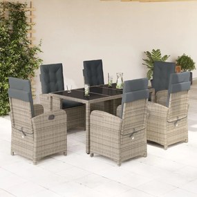 7 pcs conjunto de jantar p/ jardim c/ almofadões vime PE cinza