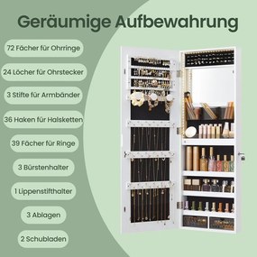 Armário para joias com espelho iluminação LED 9,8 x 37,6 x 108,1 cm, com fechadura, organizador de joias Branco