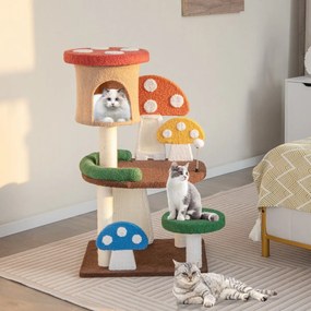 Arranhador para gatos 4 em 1 formato cogumelos Plataforma com Postes de Sisal e Tábuas de Arranhar Multicolor