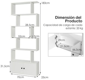 Estante de 6 níveis em forma de S para sala de estar Escritório 70 x 23 x 183 cm Branco