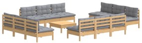 13 pcs conjunto lounge de jardim c/ almofadões cinzentos pinho