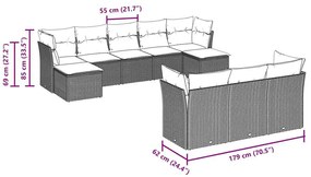 10 pcs conj. sofás jardim com almofadões vime PE cinzento-claro