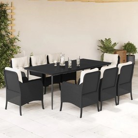 9 pcs conjunto de jantar p/ jardim c/ almofadões vime PE preto