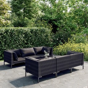 vidaXL 7 pcs conj. lounge jardim c/ almofadões vime PE cinzento-escuro