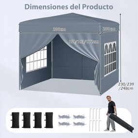Tenda jardim, feiras, eventos Pop-up Dobrável 290 x 290 cm com 4 paredes laterais removíveis e altura ajustável - Cinza
