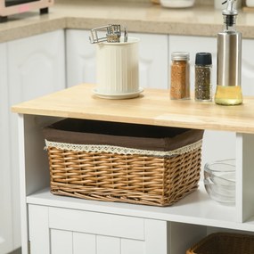 HOMCOM Ilha de Cozinha com Rodas Carrinho de Cozinha com Bancada de Madeira de Borracha Dobrável 2 Portas e Prateleiras Abertas 110x66x97 cm Branco e Madeira
